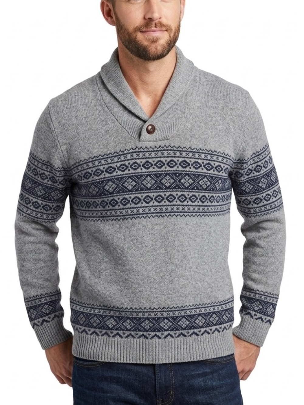 DANIEL BLASI Men’s Grey Navy Wool Sweater Fair Isle Shawl Collar Nordic Size XL